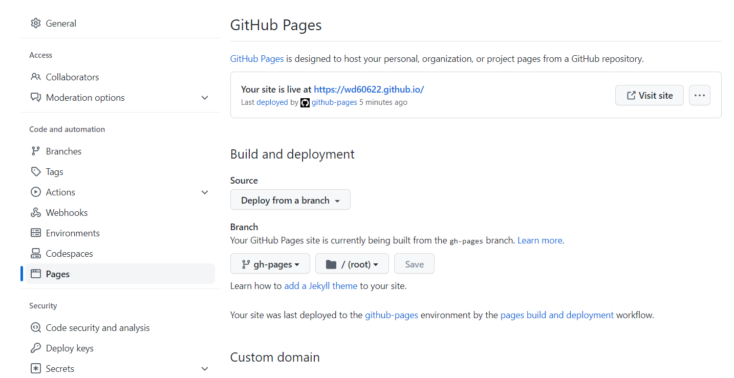 Screenshot of GitHub Pages settings showing 'gh-pages' branch selected for deployment.